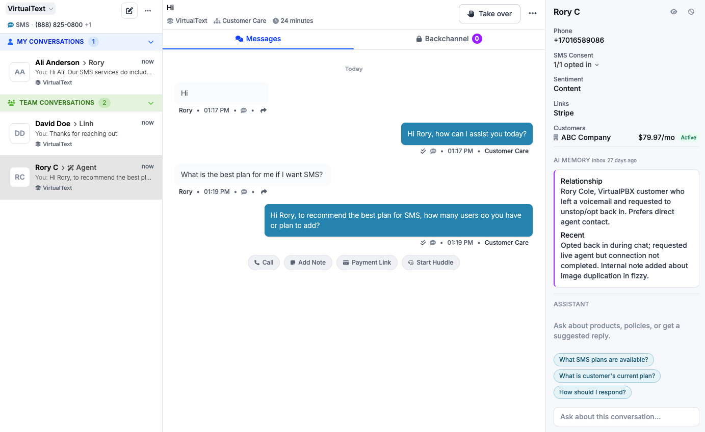 VirtualText shared inbox with team conversations, AI-assisted replies, customer details, and AI memory.